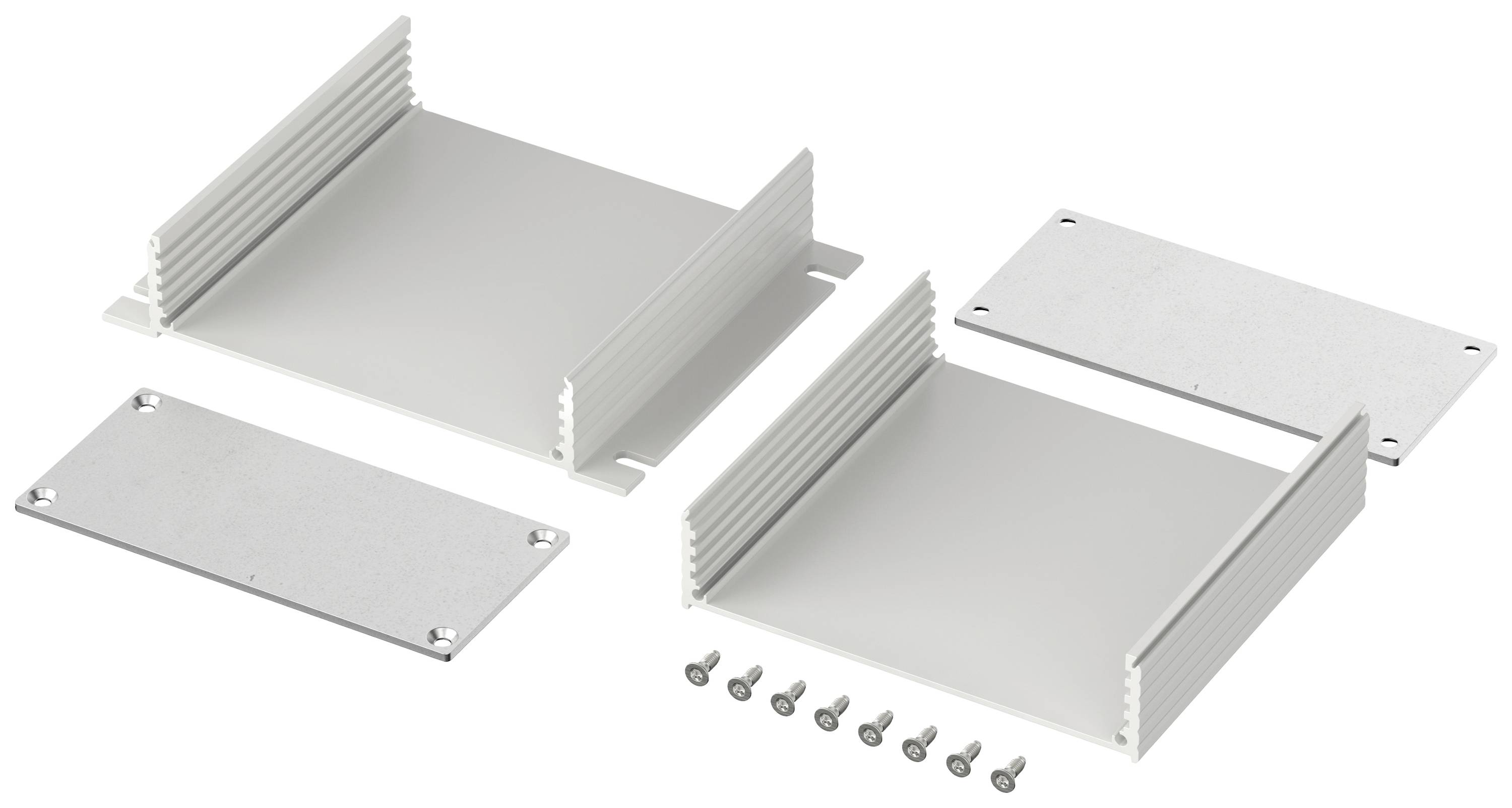 Zestaw obudowy metalowej składający się z czterech płyt, dwóch z żeberkami chłodzącymi, oraz ośmiu śrubami. Odpowiedni do budowy urządzeń elektronicznych.