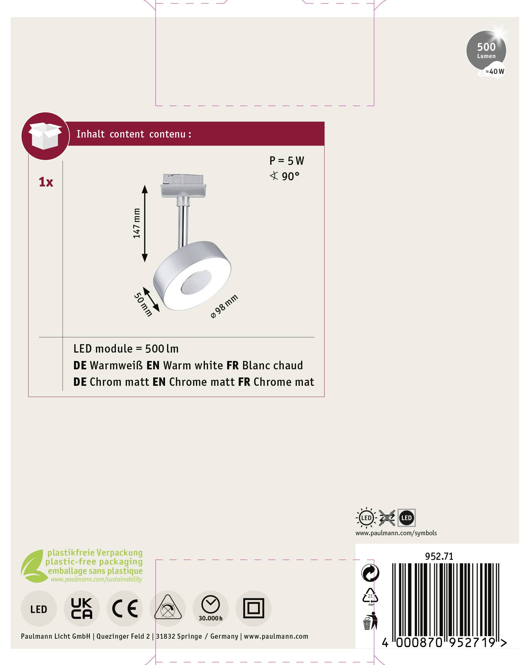 'Ilustracja modułu LED o mocy 500 lm w świetle ciepłym. Wymiary: 98 mm. Zawiera 1 sztukę. Zużycie energii: 5 W. Kolor: chrom matowy.'