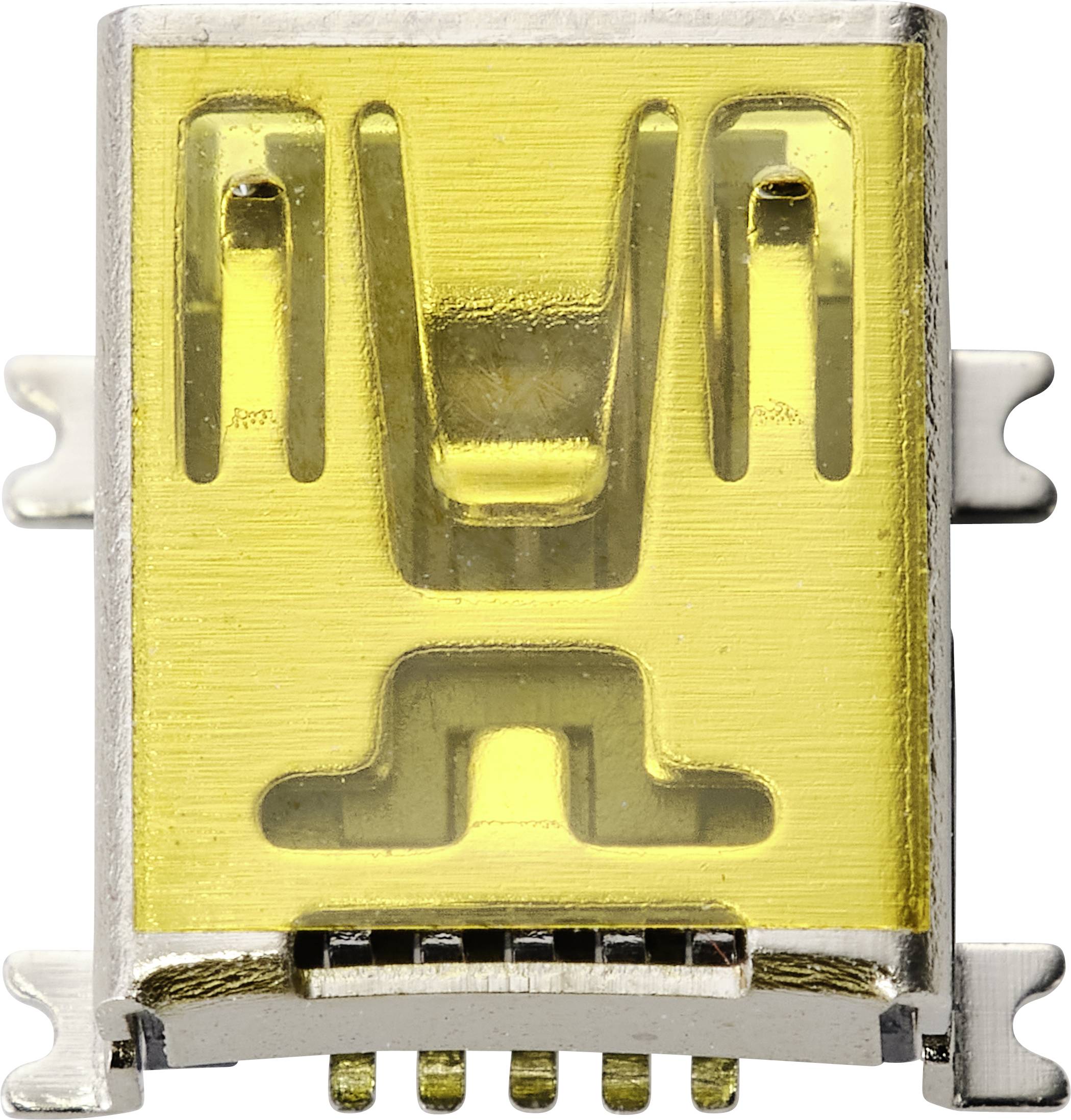 Złącze USB z pozłacaną obudową, sfotografowane z bliska. Szczegółowy widok ukazujący wewnętrzną strukturę i wyprowadzenia.