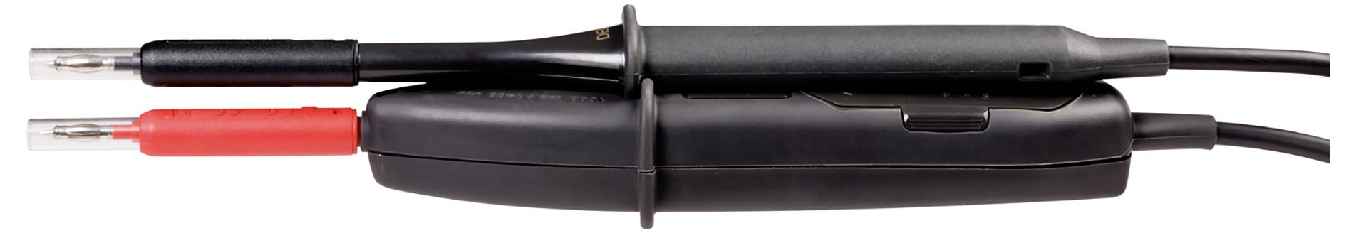 Dwie sondy pomiarowe leżące obok siebie, jedna z czarnym, a druga z czerwonym uchwytem, stosowane do pomiarów elektrycznych.