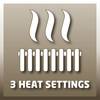 Symbol z grzejnikiem, trzema falami powyżej oraz napisem '3 Heat Settings', wskazujący na trzy poziomy grzania.