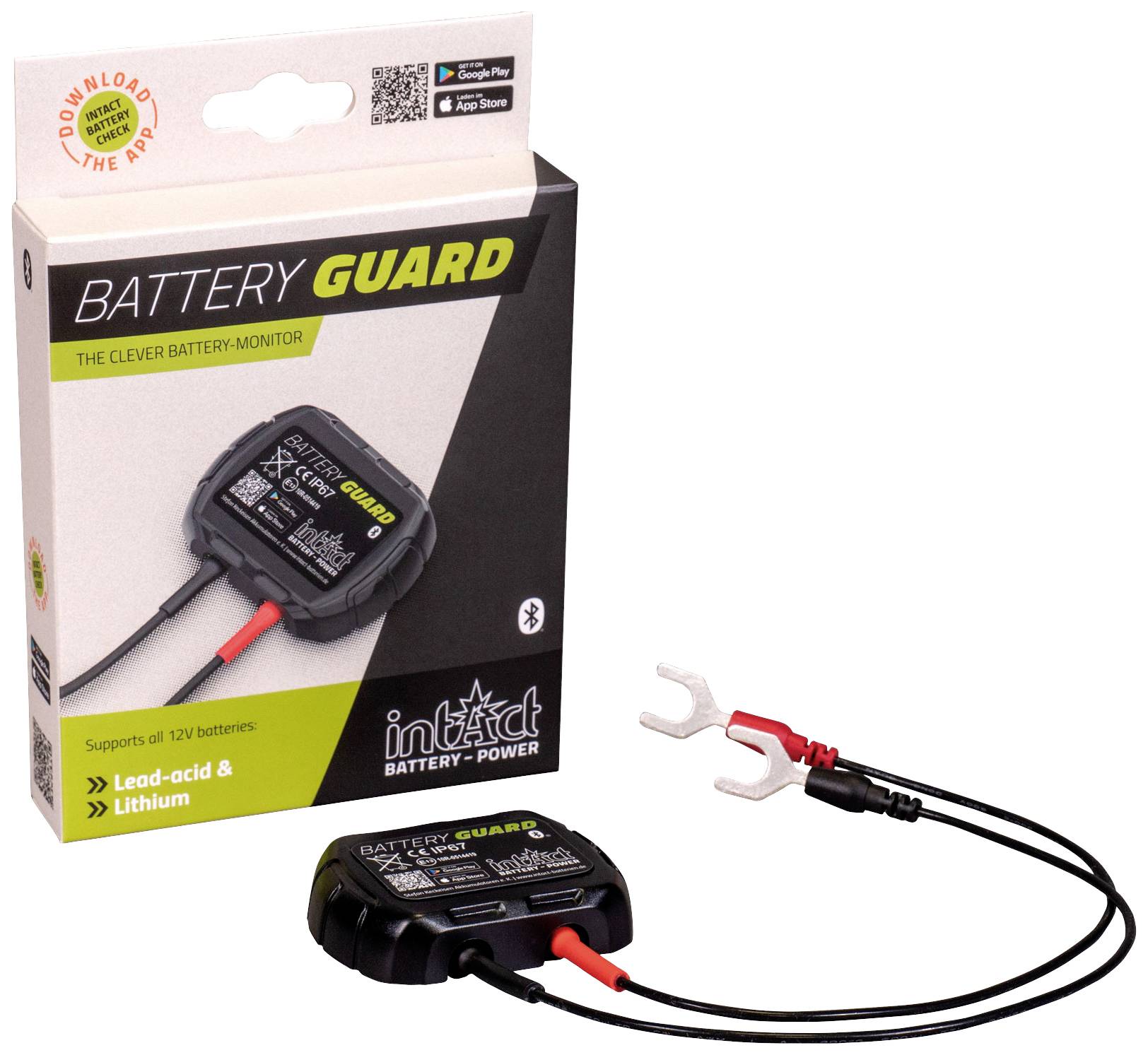 Bezpieczny monitor baterii: Battery Guard dla baterii kwasowo-ołowiowych i litowych, połączenie Bluetooth, sterowanie przez aplikację, obsługa napięcia 6-12V.