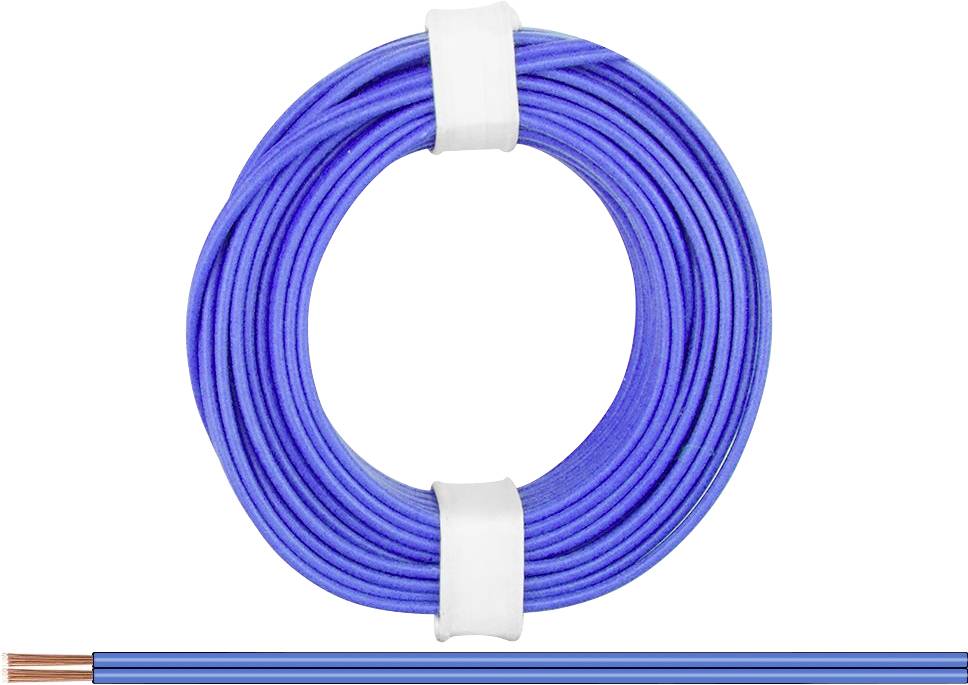 Niebieski kabel, zwinięty w krąg, z widocznymi na końcu miedzianymi przewodami.