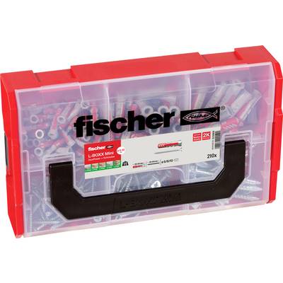 Przezroczysta skrzynka narzędziowa 'fischer L-BOXX Mini' zawiera 210 elementów złącznych, składających się ze śrub i kołków, odpowiednich do różnorodnych mocowań.