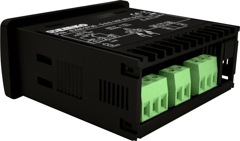 Czarne urządzenie elektroniczne z zielonymi zaciskami przyłączeniowymi. Stosowane w zastosowaniach przemysłowych do sterowania lub zarządzania sygnałami.