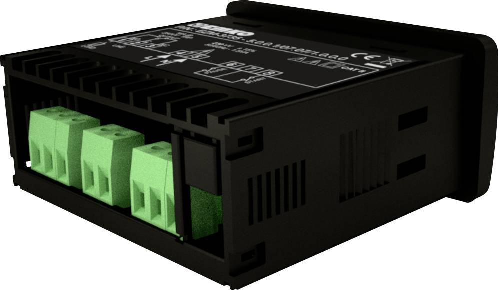 Czarny elektroniczny przyrząd z zielonymi złączami, stosowany w szafach elektrycznych do sterowania lub regulacji.