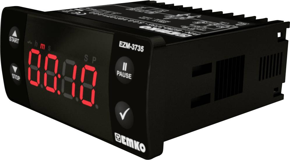 Czarny cyfrowy timer o nazwie 'EZM-3735' z świecącymi czerwonymi cyframi wyświetla '00:10'. Po lewej stronie widoczne są przyciski start i stop.