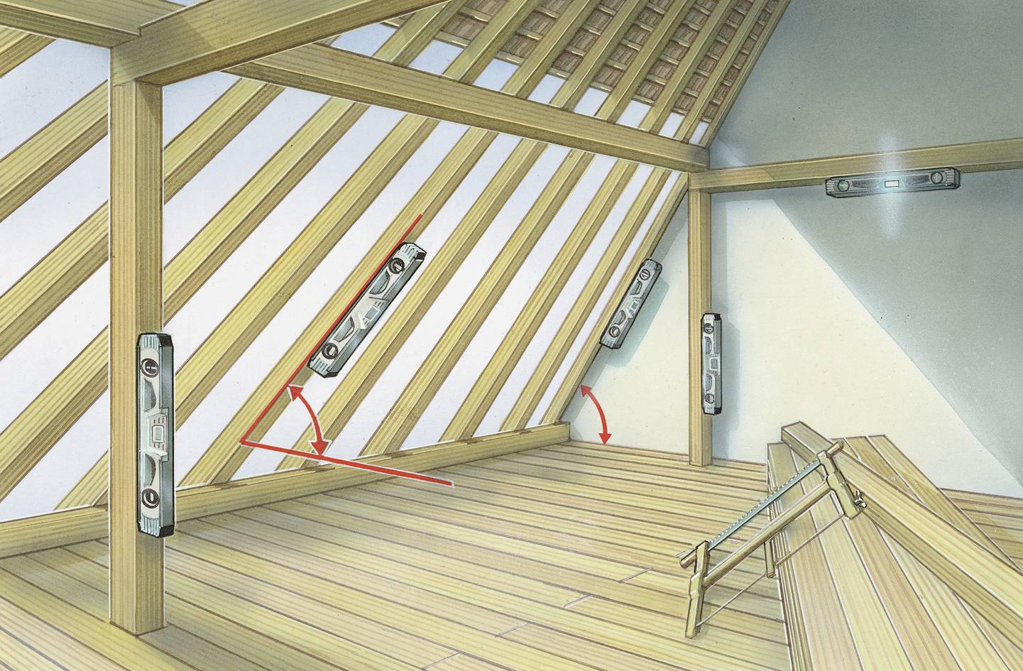 Rysunek przedstawia konstrukcję więźby dachowej ze skośnymi belkami i zaznaczonymi kierunkami naprężeń. Kluczowe szczegóły to przebiegi naprężeń zaznaczone na czerwono.