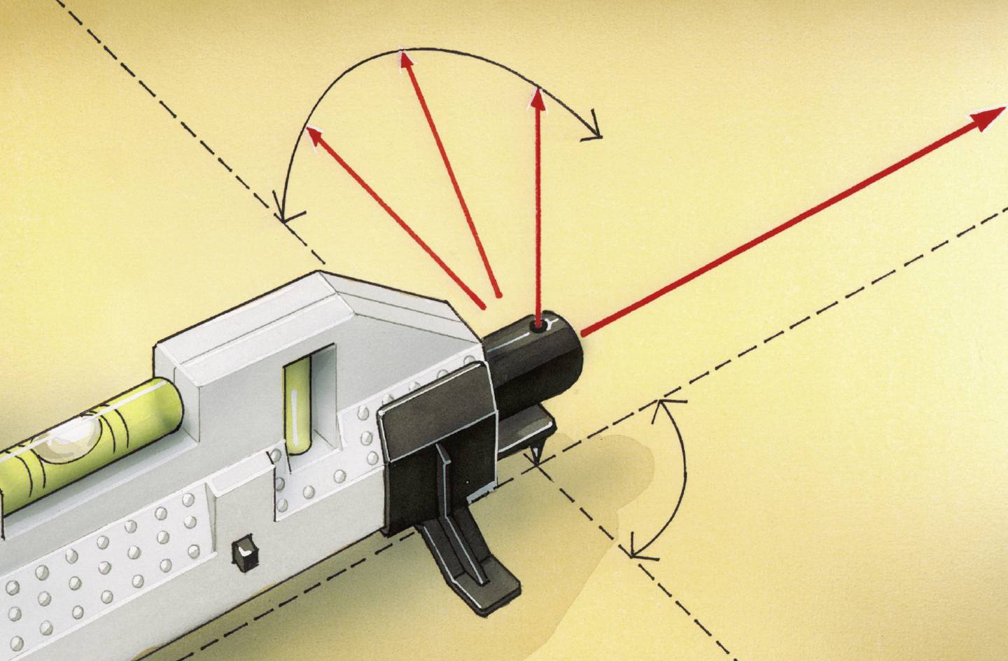 Diagram przedstawia obiekt z czerwoną linią, która ukazuje różne kąty wychodzące z jednego punktu, prawdopodobnie w celu zademonstrowania orientacji.