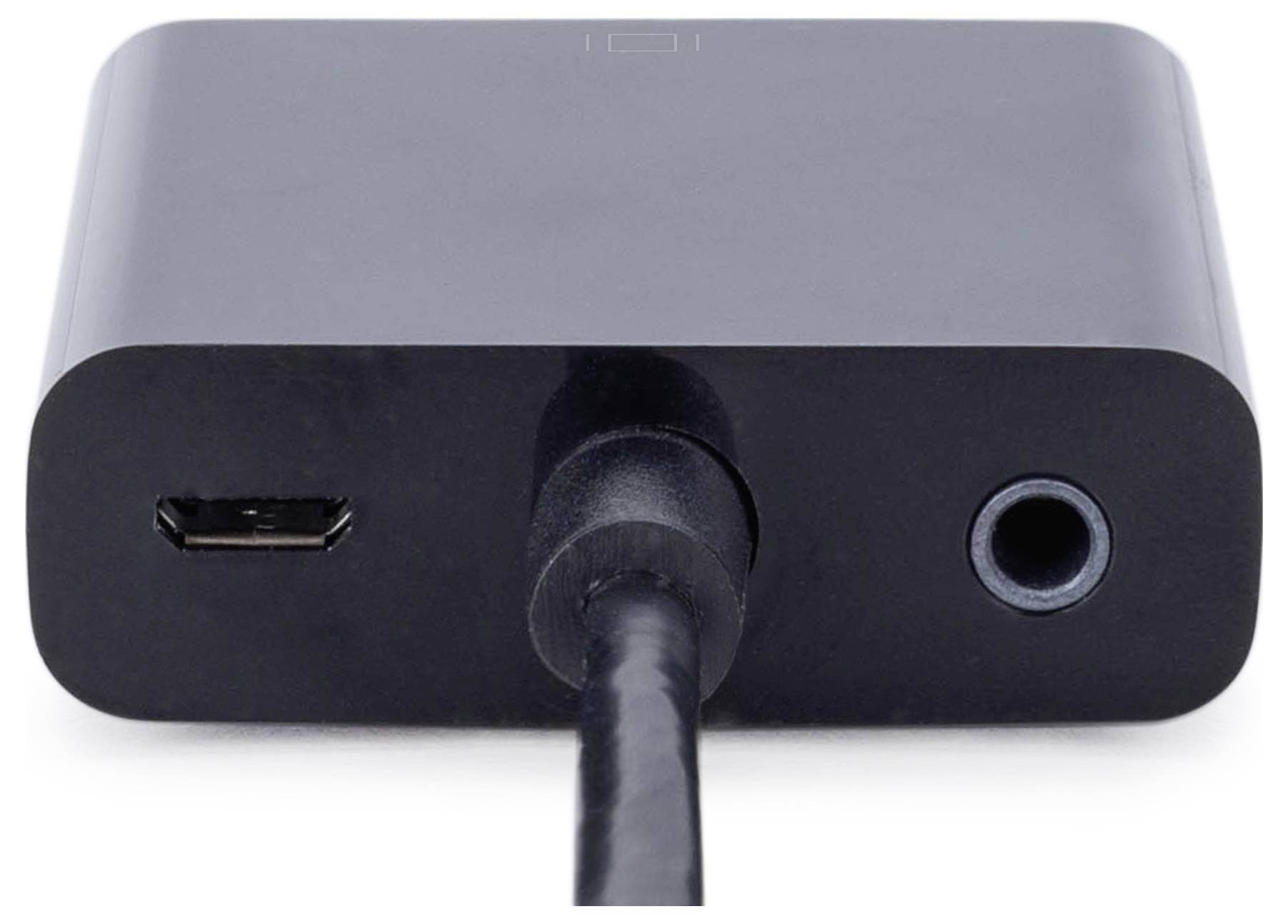 Czarny adapter z portem USB i gniazdem audio, widoczny od strony złączy.