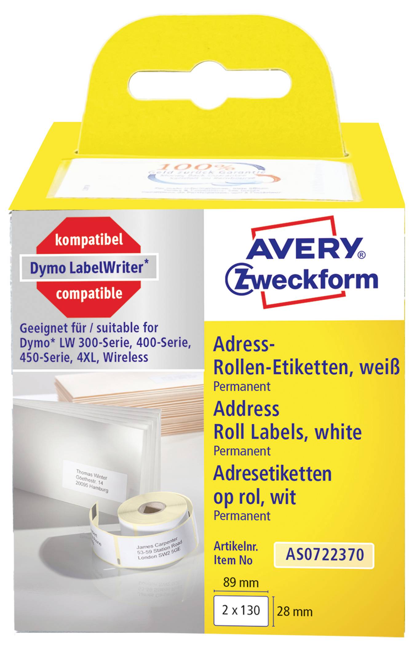 AVERY Zweckform białe trwałe etykiety adresowe na rolce, zgodne z Dymo LabelWriter, 89 mm na 28 mm, 2 x 130 etykiet.