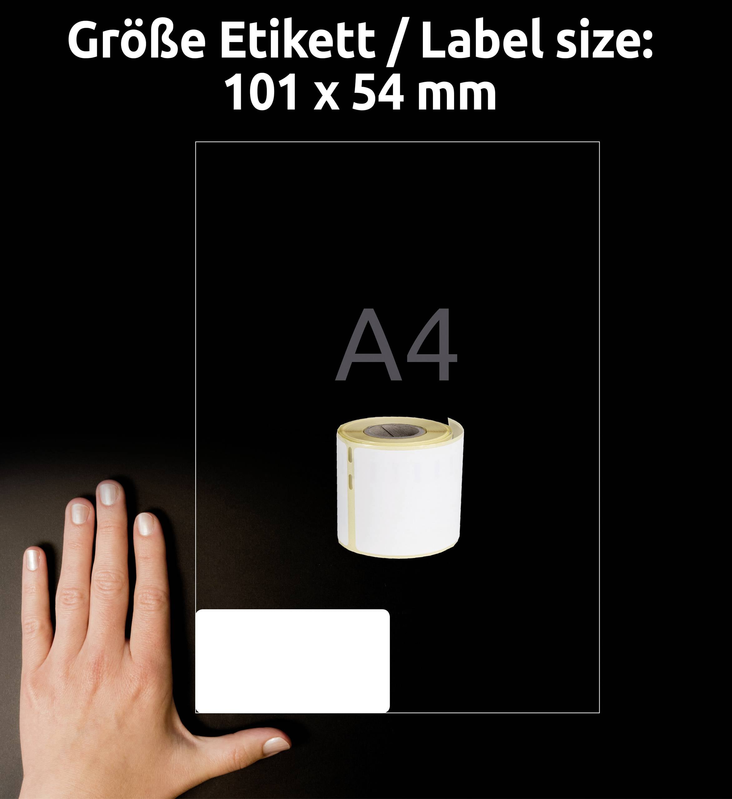 Etykieta w rozmiarze A4: 101 x 54 mm, przedstawiona obok dłoni dla porównania wielkości. Widoczna jest rolka etykiet.