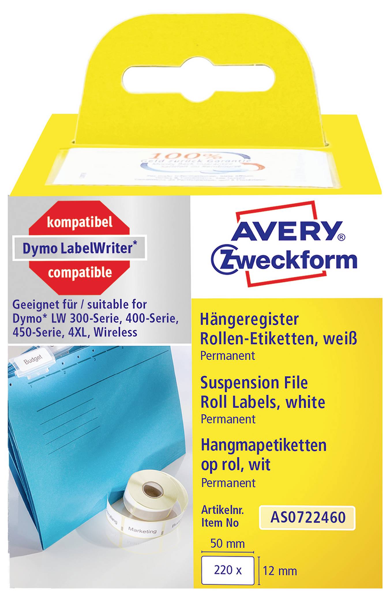 Etykiety Avery Zweckform do zawieszania białych akt permanentnych, kompatybilne z Dymo LabelWriter, 220 x 12 mm, rolka 50 m