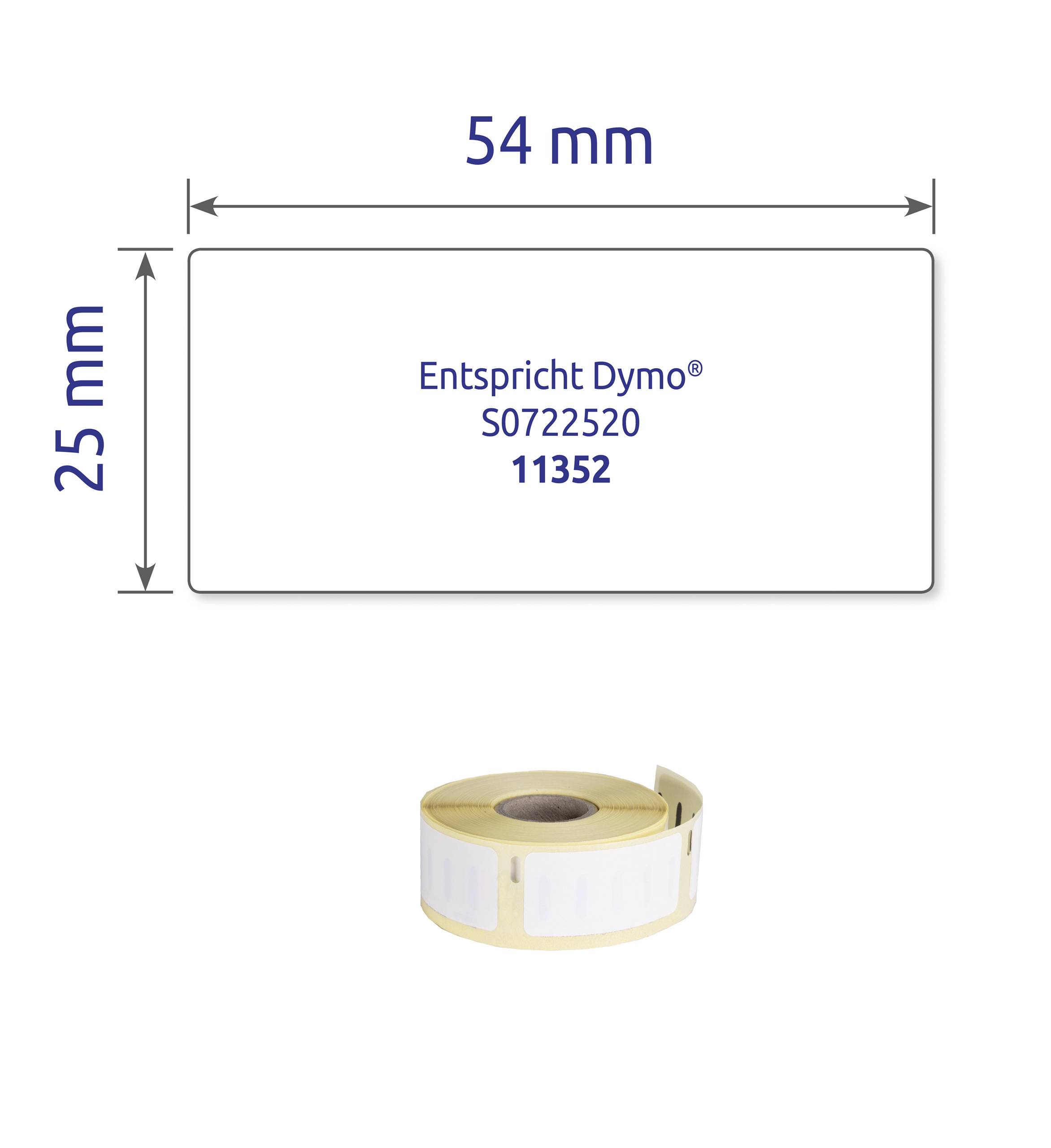Rolka etykiet o wymiarach 54 mm x 25 mm, kompatybilna z drukarkami Dymo. Numer modelu S0722520, numer artykułu 11352.