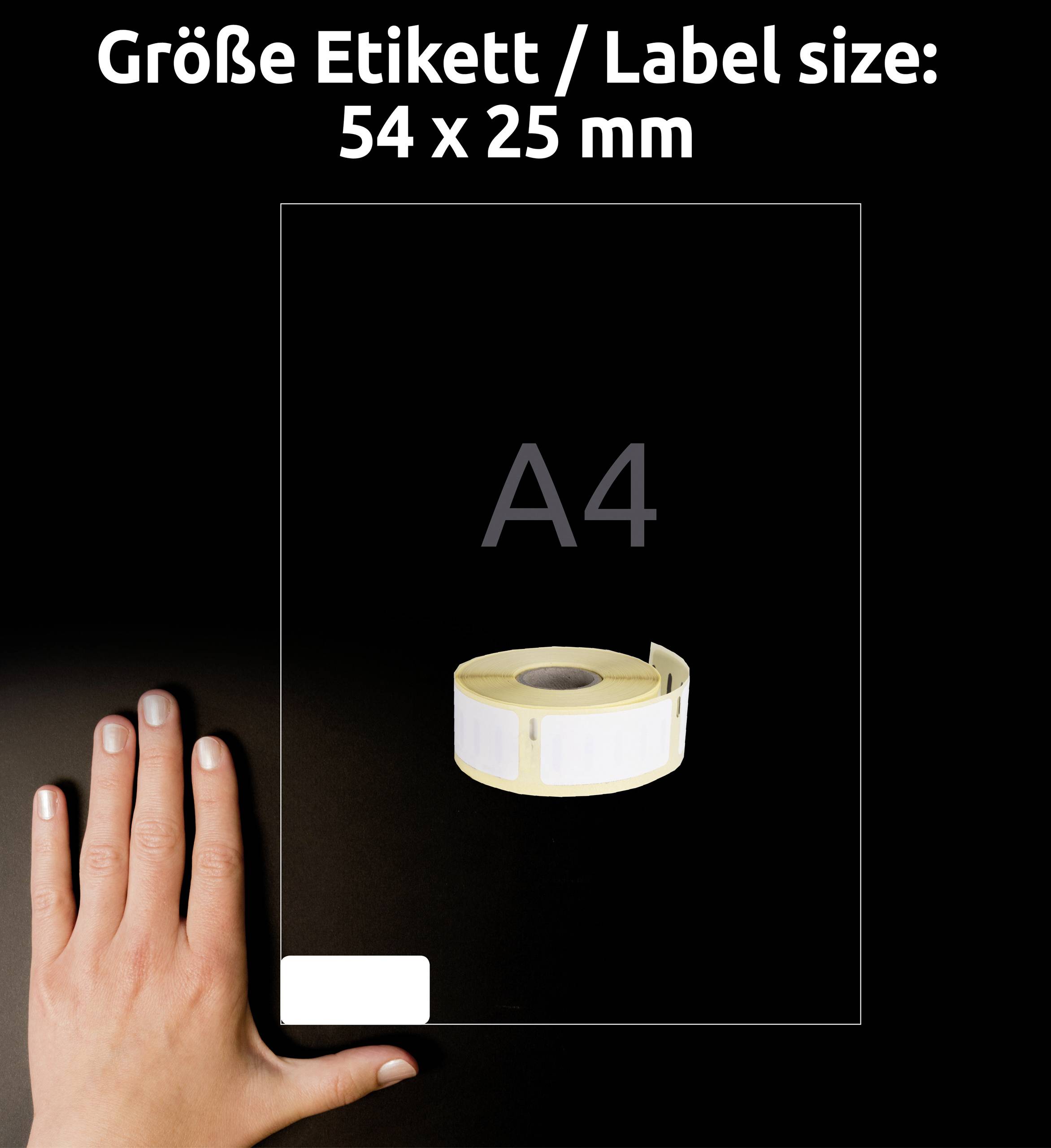 Etykieta o wymiarach 54 x 25 mm pokazana na stronie A4. Dłoń obok ilustruje jej rozmiar.