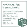 'OPAKOWANIE EKOLOGICZNE' jest napisane na górze. Szczegóły: Karton z 100% makulatury, folia termokurczliwa z 30% materiału z recyklingu, torebka foliowa z 80% materiału z recyklingu. W prawym dolnym rogu znajduje się symbol kartonu z recyklingu.