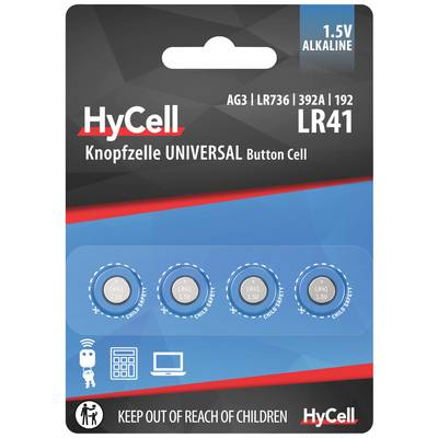 'HyCell Guzikowa Bateria UNIVERSAL', 1,5V Alkaliczna, Model LR41. Cztery baterie w opakowaniu blisterowym. Uwaga: 'TRZYMAĆ Z DALA OD DZIECI'.