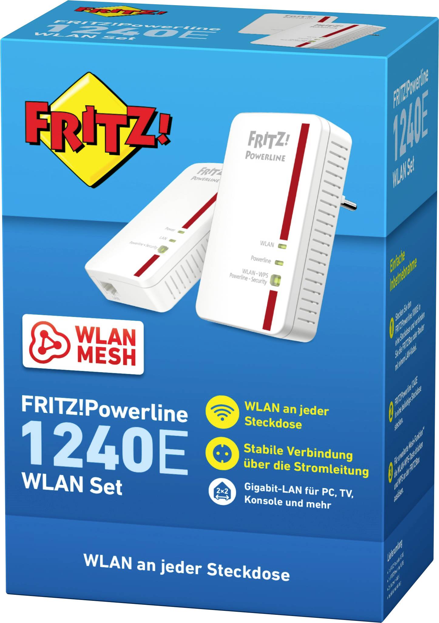 Na zdjęciu widać opakowanie zestawu 'FRITZ!Powerline 1240E WLAN'. Oferuje on sieć WLAN Mesh oraz Gigabit LAN dla stabilnych połączeń.