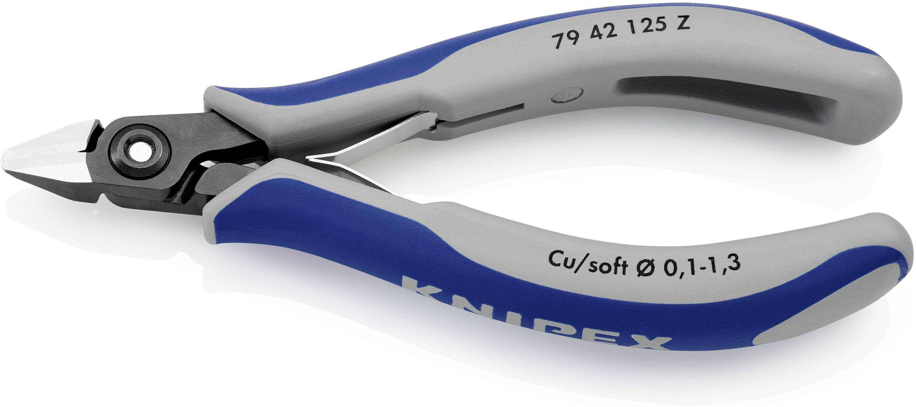 Obcinaczki boczne z niebieskimi uchwytami i metalowymi ostrzami, odpowiednie do miękkich przewodów. Oznaczenia na uchwycie wskazują specyfikacje.