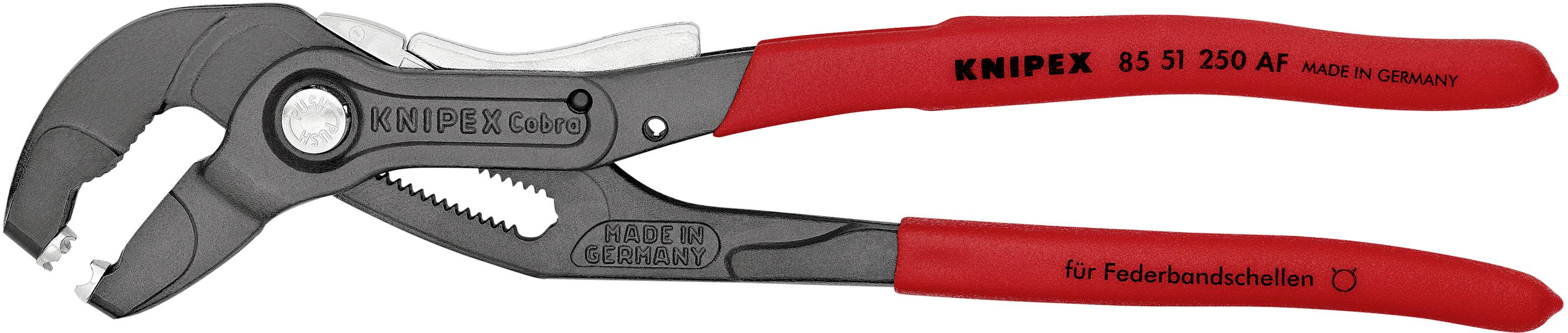 Czerwone szczypce KNIPEX z ergonomicznymi uchwytami, z oznaczeniem modelu '85 51 250 AF', na których widnieje napis 'Made in Germany'.