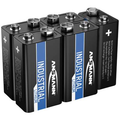 Sześć prostokątnych, czarnych baterii z napisem 'INDUSTRIAL LITHIUM' i białymi symbolami, ułożonych w dwóch rzędach.