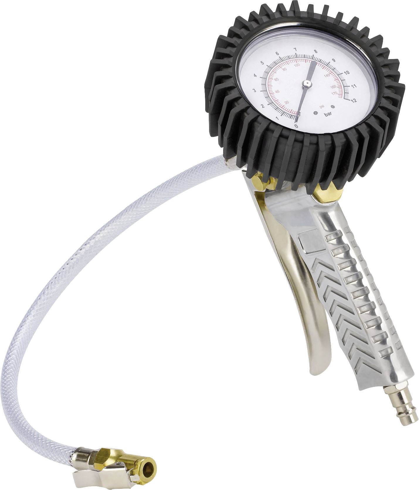 Miernik ciśnienia w oponach z manometrem i wężem. Wskazuje ciśnienie, aby upewnić się, że opony są prawidłowo napompowane.