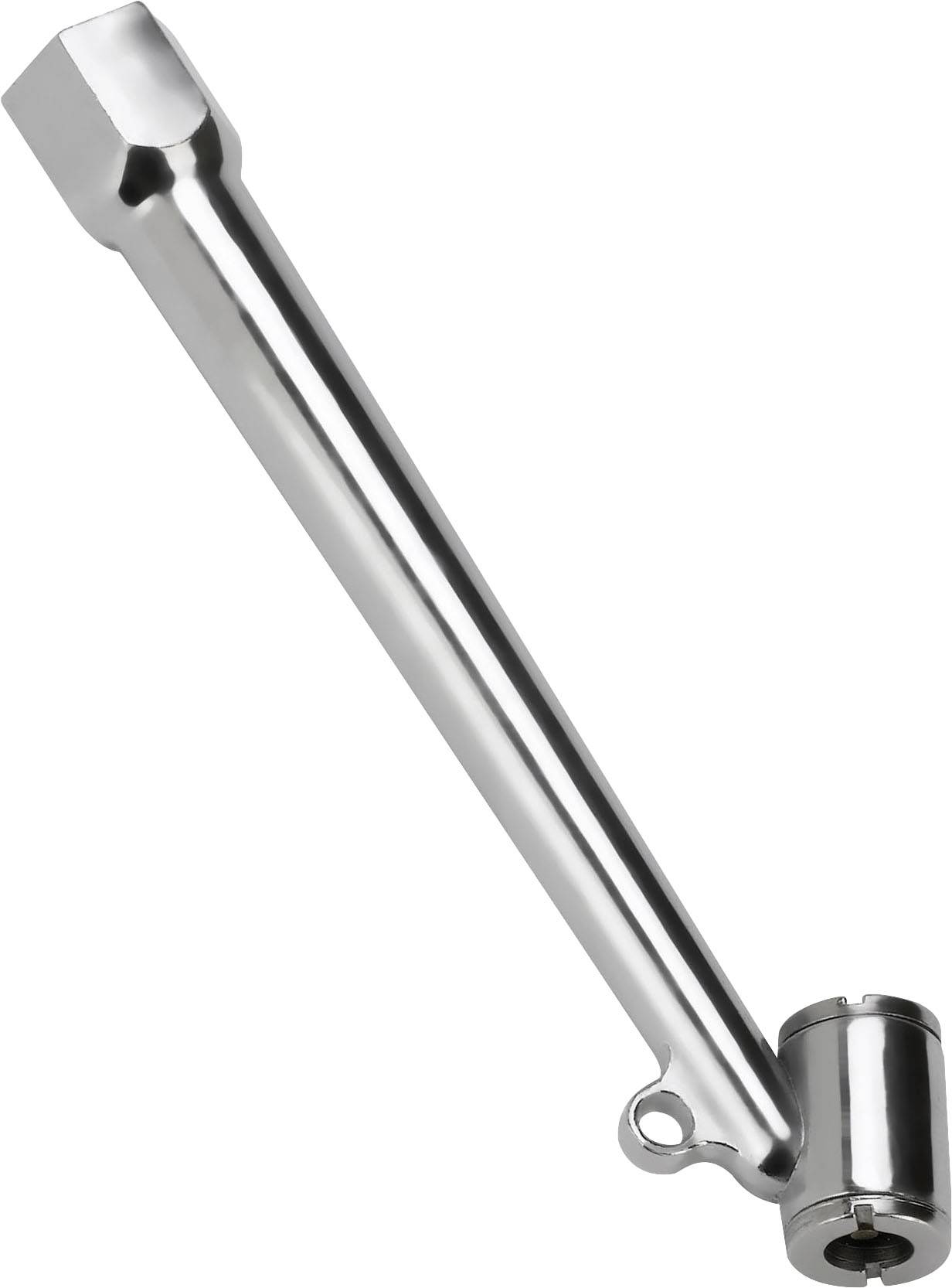 Chromowany klucz nasadowy z uchwytem T, odpowiedni do prac śrubowych, prezentuje lśniącą, wytrzymałą metalową konstrukcję.