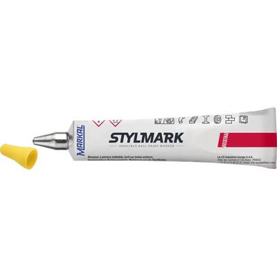 Marker, marka 'STYLMARK' firmy Markal, metaliczno-szara tubka z żółtą nakrętką. Zawiera niezmywalny tusz do gładkich powierzchni.