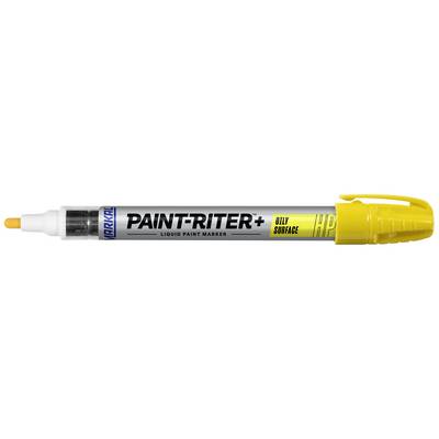 Żółty marker do znakowania 'PAINT-RITER+' firmy Markal, przeznaczony do szorstkich powierzchni, w białej obudowie z zaokrągloną końcówką.