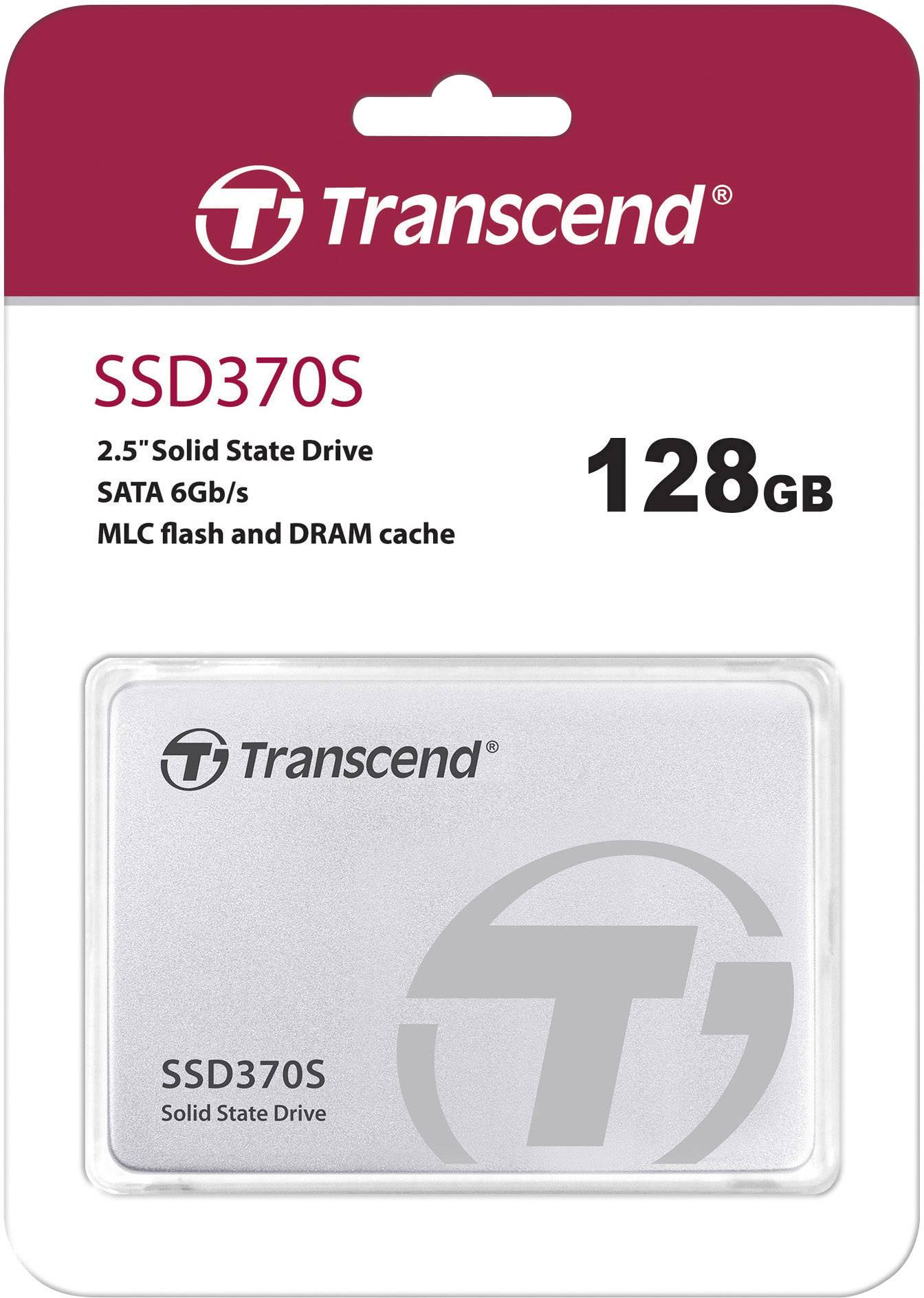 Opakowanie dysku SSD Transcend SSD370S o pojemności 128 GB z interfejsem SATA 6 Gb/s.
