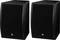 Dwa czarne głośniki o prostokątnym kształcie i zaokrąglonych krawędziach, ustawione obok siebie.
