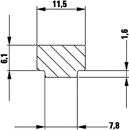 'Schematyczny przekrój uszczelnienia. Wymiary: szerokość 11,5 mm, wysokość 7,8 mm, wysokość uszczelnienia 6,1 mm, głębokość uszczelnienia 1,6 mm.'