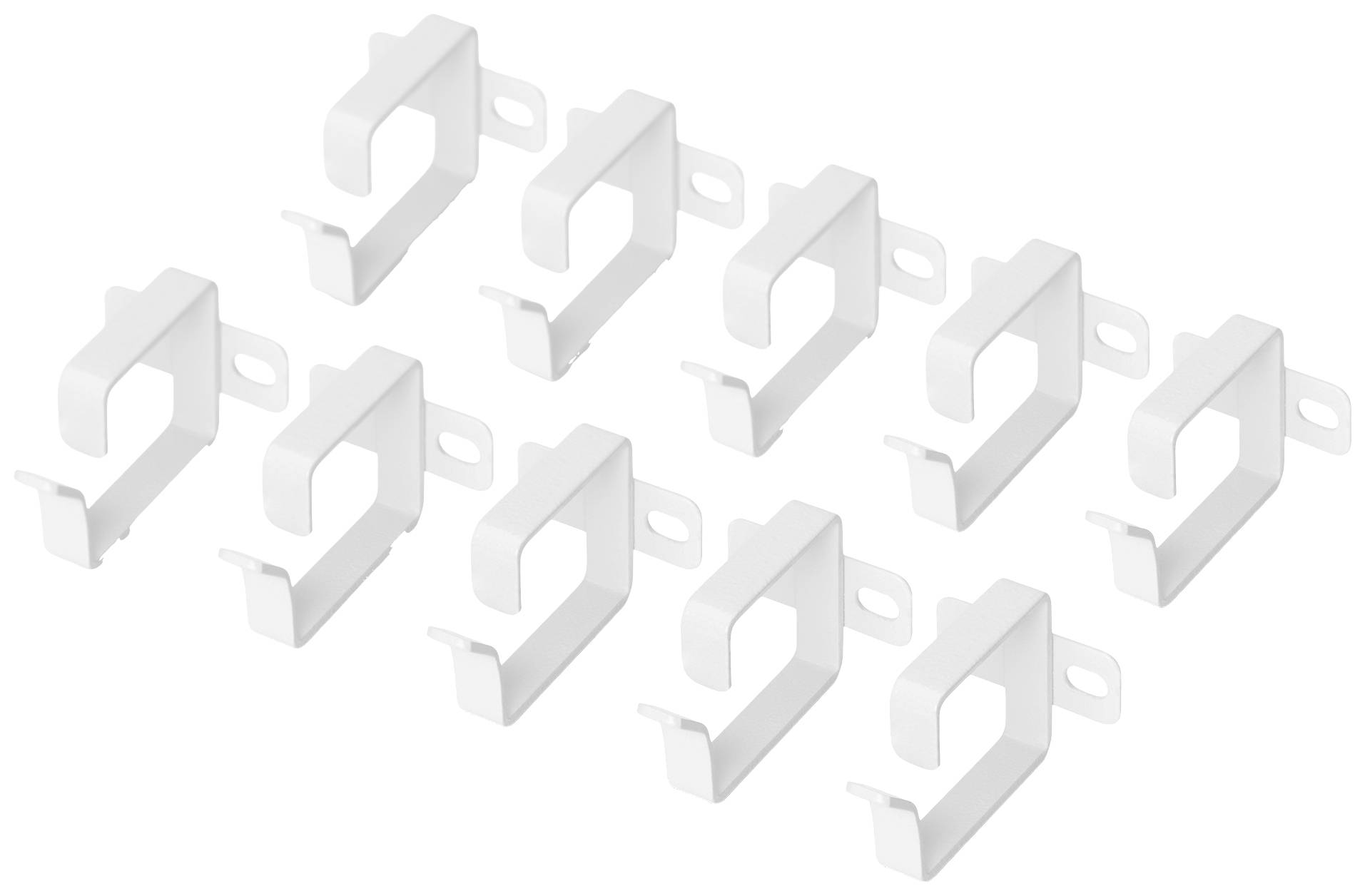 Dziesięć białych uchwytów kablowych rozmieszczonych symetrycznie w dwóch rzędach, przeznaczonych do mocowania przewodów na ścianach lub powierzchniach.
