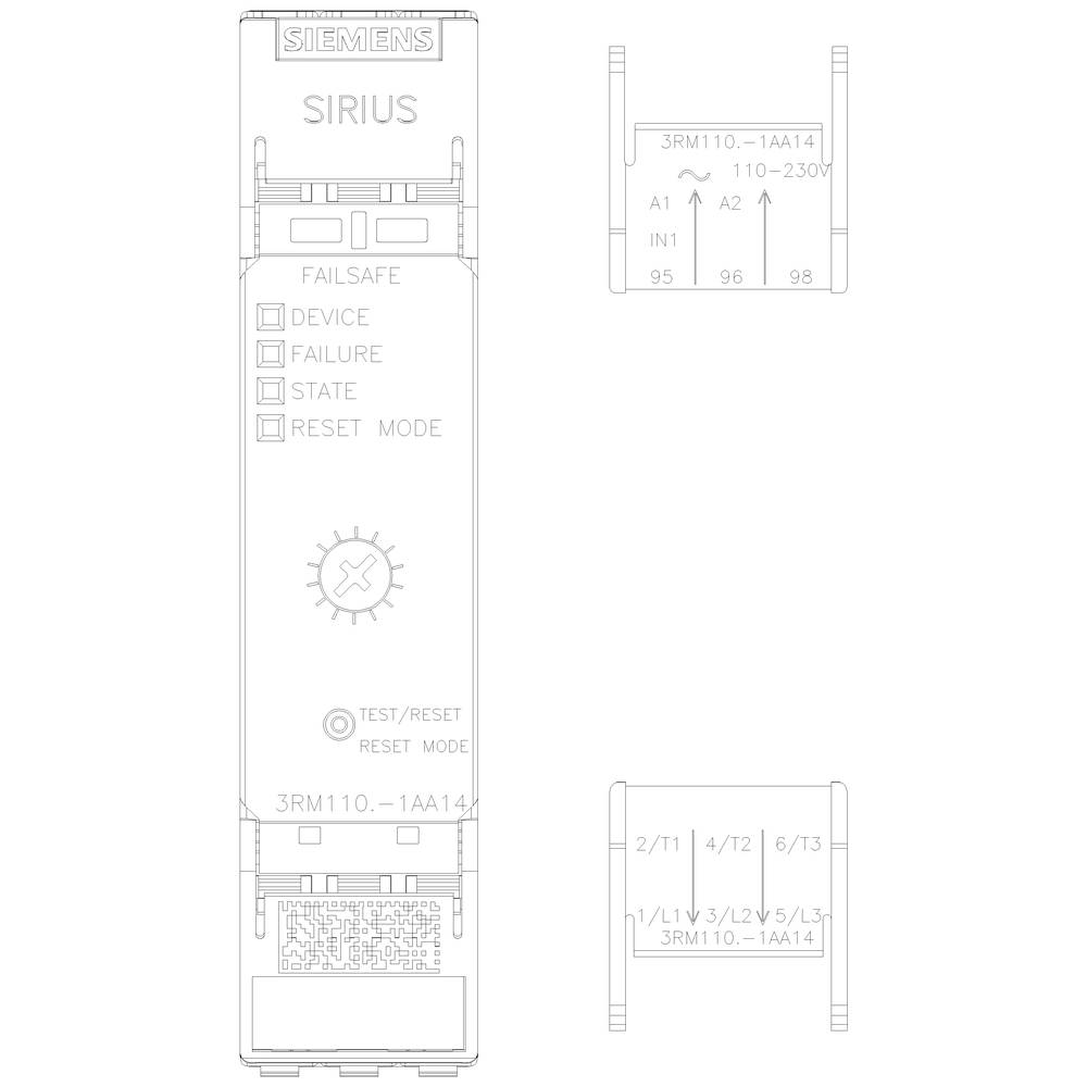 Diagram urządzenia Siemens SIRIUS z etykietami i elementami sterującymi dla opcji bezpieczeństwa, stanu urządzenia oraz resetowania.
