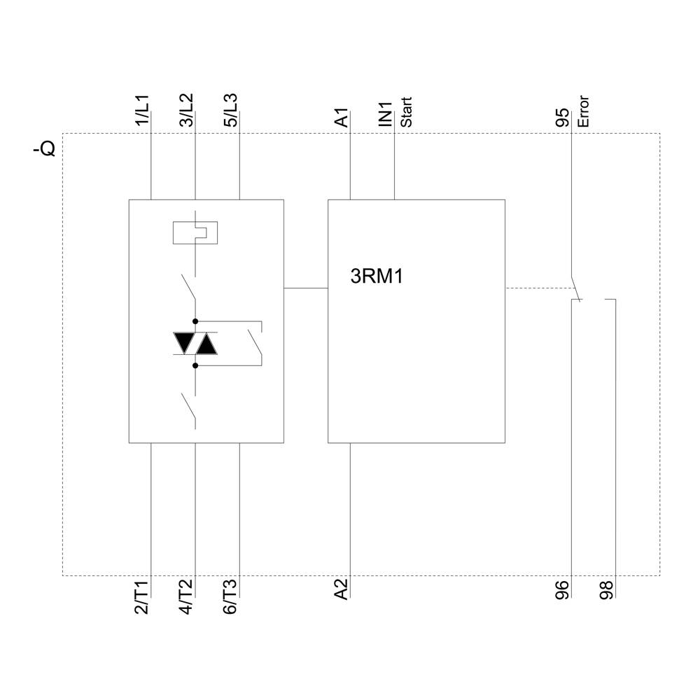 Schemat połączeń z przekaźnikiem 3RM1, wejściami 1L1, 1L2, 1L3, A1 (Start), IN1 oraz wyjściami 2T1, 4T2, 5L3, A2, 95 (Błąd).