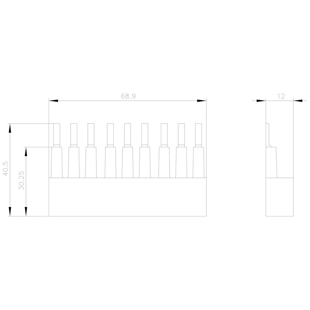 Rysunek techniczny złącza. Zawiera wymiary 68,9 mm szerokości, 40,5 mm wysokości i 12 mm głębokości, z 9 stykami.