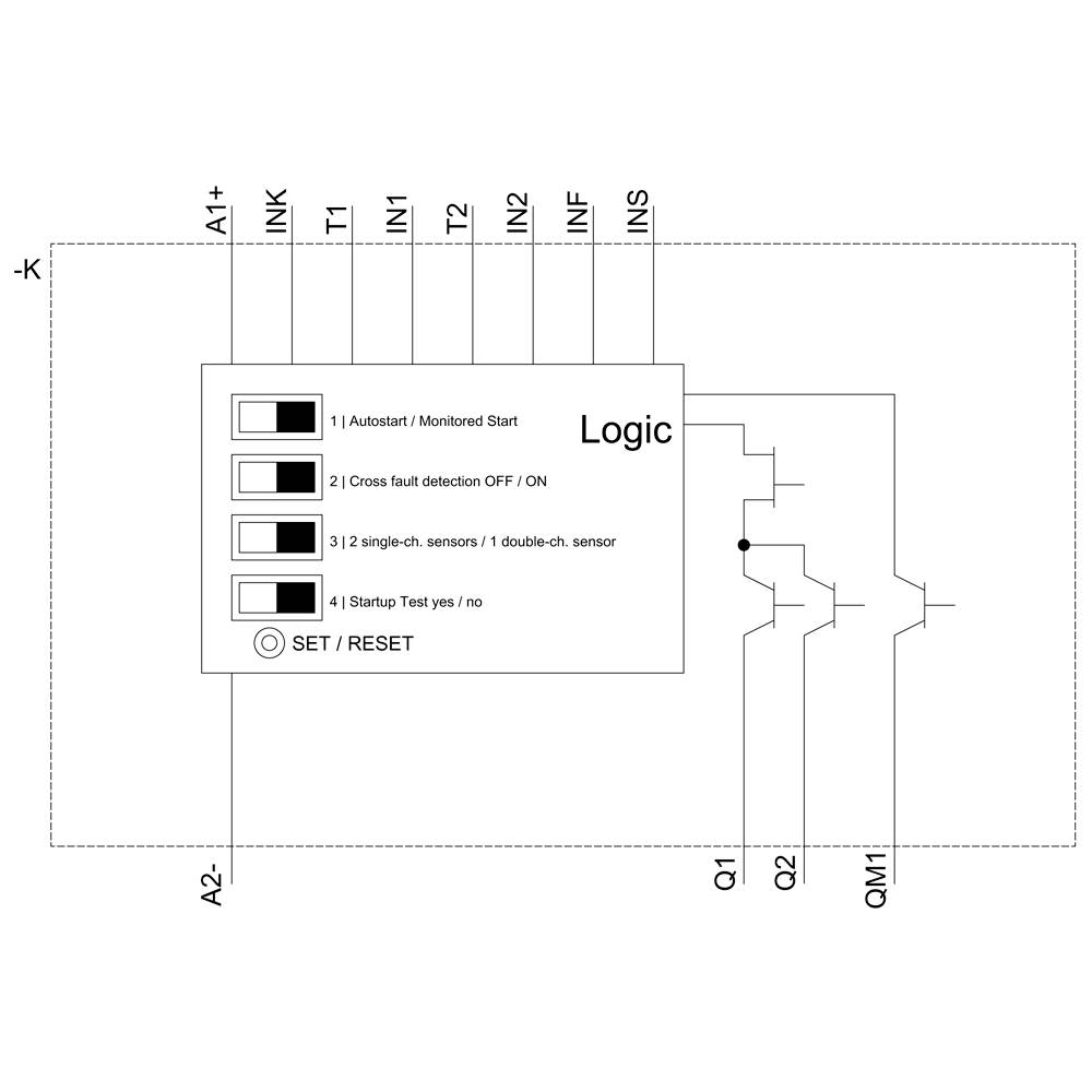 Diagram logiczny ze zaciskami sterującymi T1 do T3, wejściami/wyjściami INK do INS oraz zaciskami A1 do A2. Opcje wyboru trybów pracy.