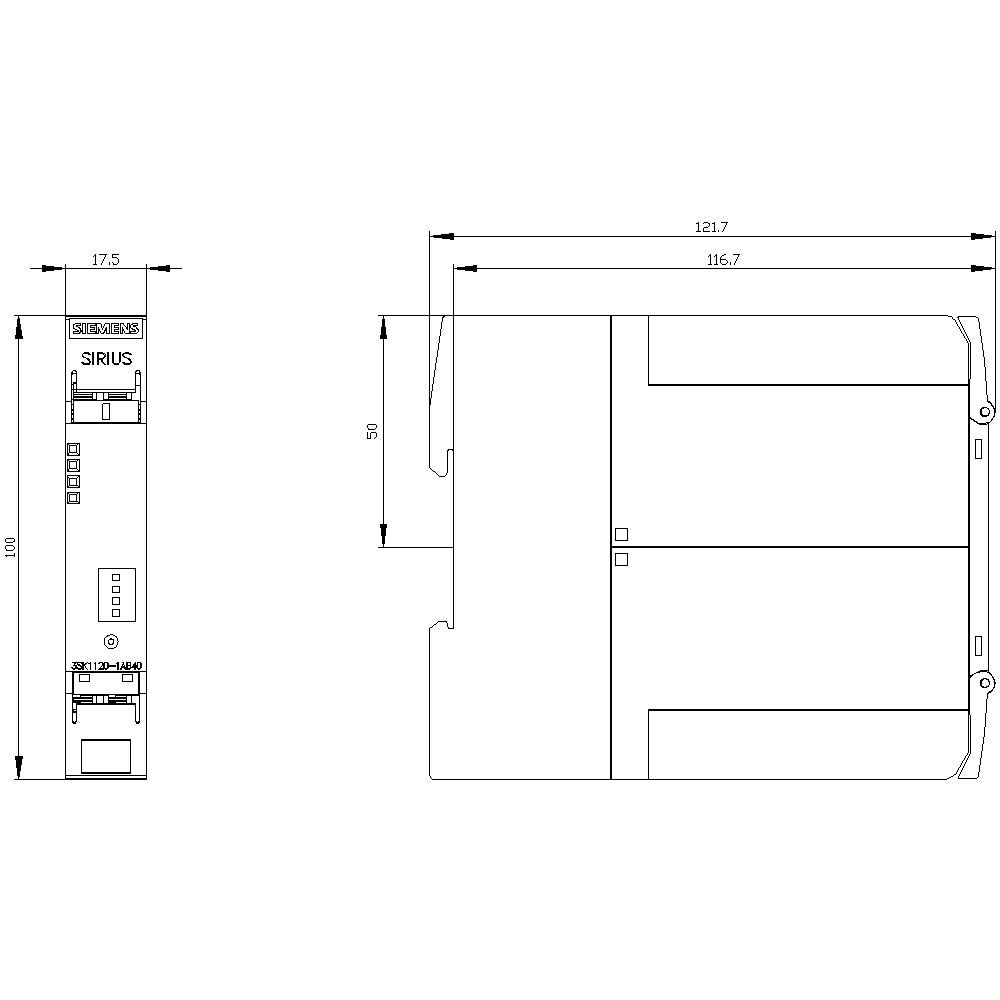 Rysunek techniczny urządzenia SIRIUS z wymiarami: wysokość 100 mm, różne szerokości: 121,7 mm i 17,5 mm.