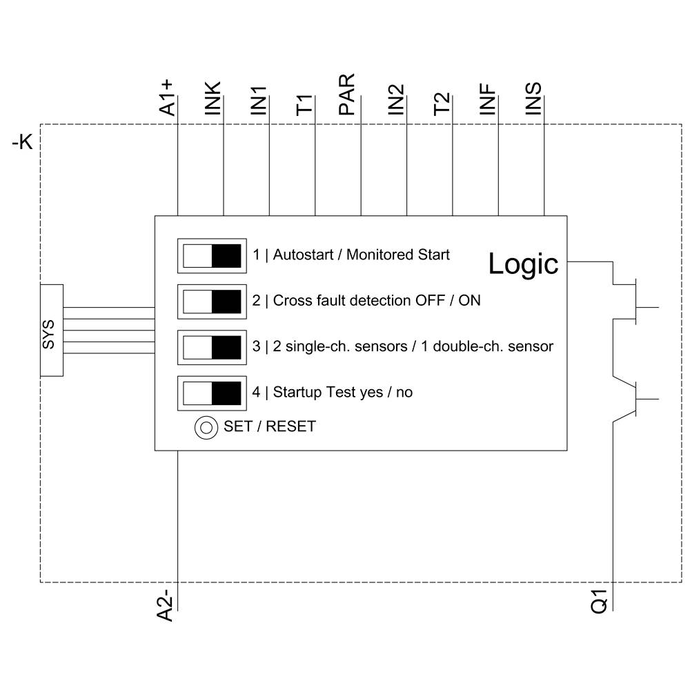 Diagram modułu logicznego z czterema opcjami wejściowymi: autostart, awaria poprzeczna, czujnik jednkanałowy lub dwukanałowy oraz test startowy. Zaciski wejściowe i wyjściowe oznaczone.
