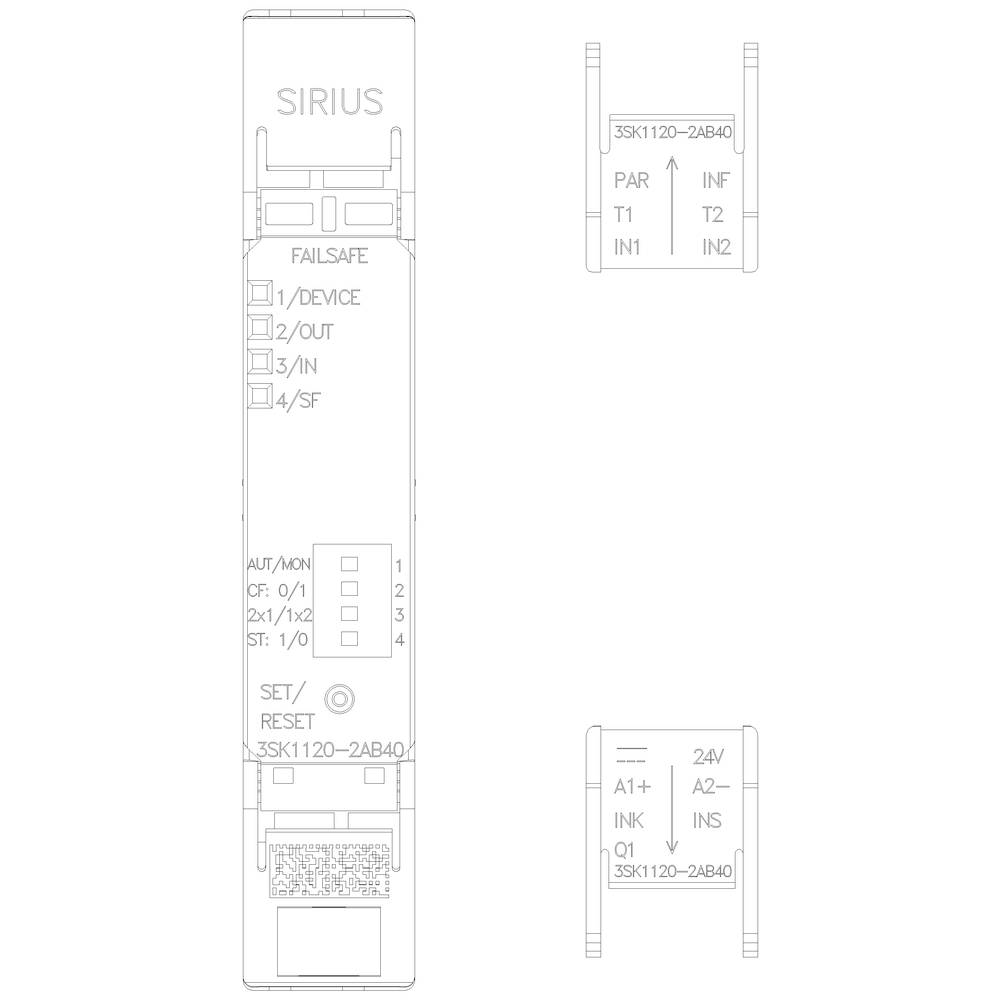 Schematyczny rysunek urządzenia z napisami 'SIRIUS' i 'FAILSAFE'. Przedstawia różne złącza i opcje ustawień.