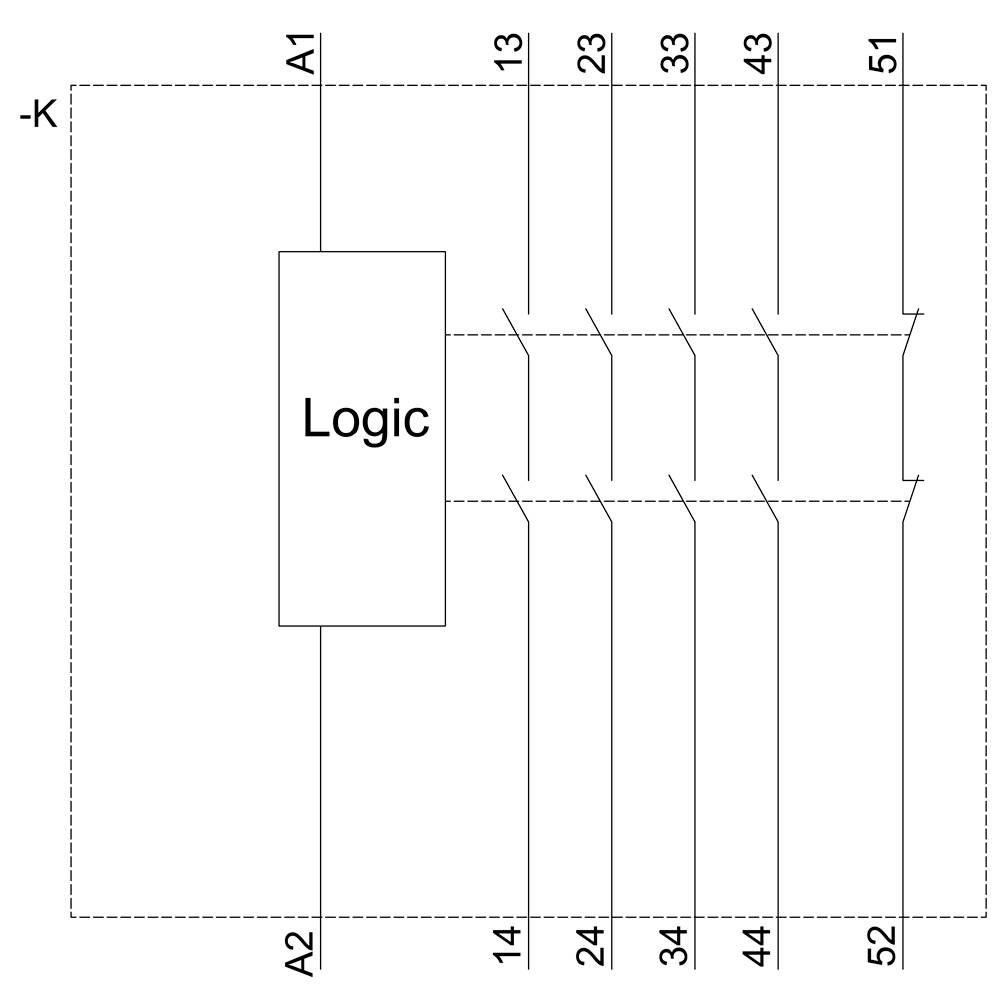 Elektryczny schemat połączeń z jednostką logiczną 'Logic' połączoną przewodami A1, A2 oraz 13-14, 23-24, 33-34, 43-44, 51-52.