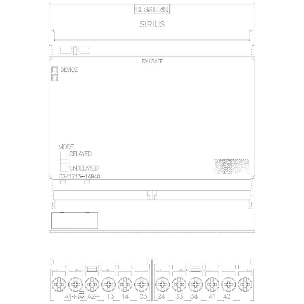 Rysunek techniczny urządzenia Siemens Sirius. Przedstawia widok z przodu z danymi identyfikacyjnymi, typem urządzenia oraz złączami przyłączeniowymi u dołu.