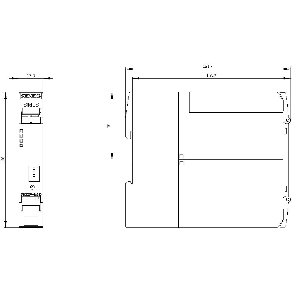 Rysunek techniczny urządzenia SIRIUS. Z lewej strony widok z boku o wysokości 100 mm i szerokości 17,5 mm. Z prawej strony widok z przodu o szerokości 121,7 mm i wysokości 50 mm.