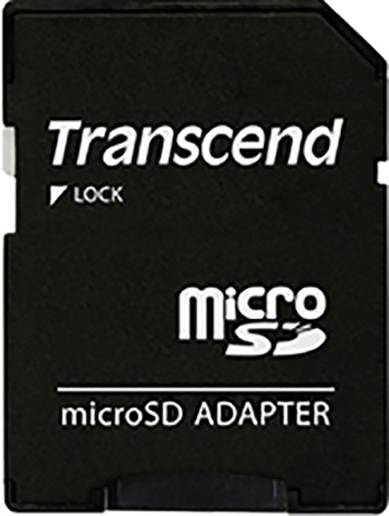 Czarna karta adaptera microSD marki Transcend z napisami "LOCK" i "microSD ADAPTER".