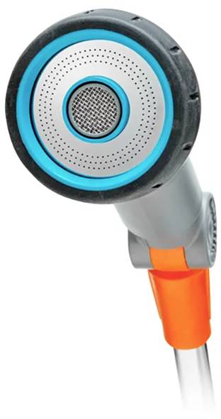 Przenośny prysznic ręczny o okrągłym kształcie, z uchwytem w kolorach szarym i czarnym oraz pomarańczowym akcentem, idealny do nowoczesnych łazienek.