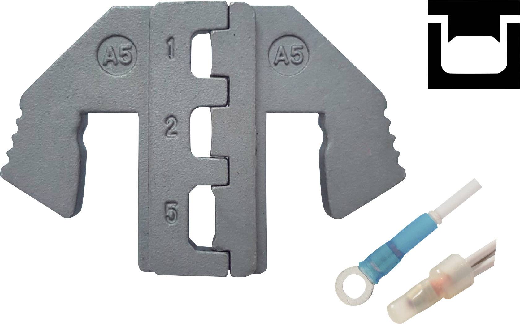 Narzędzie do cięcia metalu z oznaczeniami 'A5', numerami od 1 do 5 oraz akcesoriami takimi jak złączki kablowe. Symbol w prawym górnym rogu wskazuje funkcję asystencką.