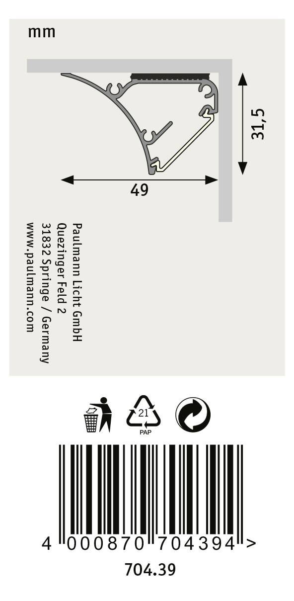 Przekrój kanału kablowego w narożniku o wymiarach 31,5 mm x 49 mm. Informacje producenta i kod kreskowy poniżej.
