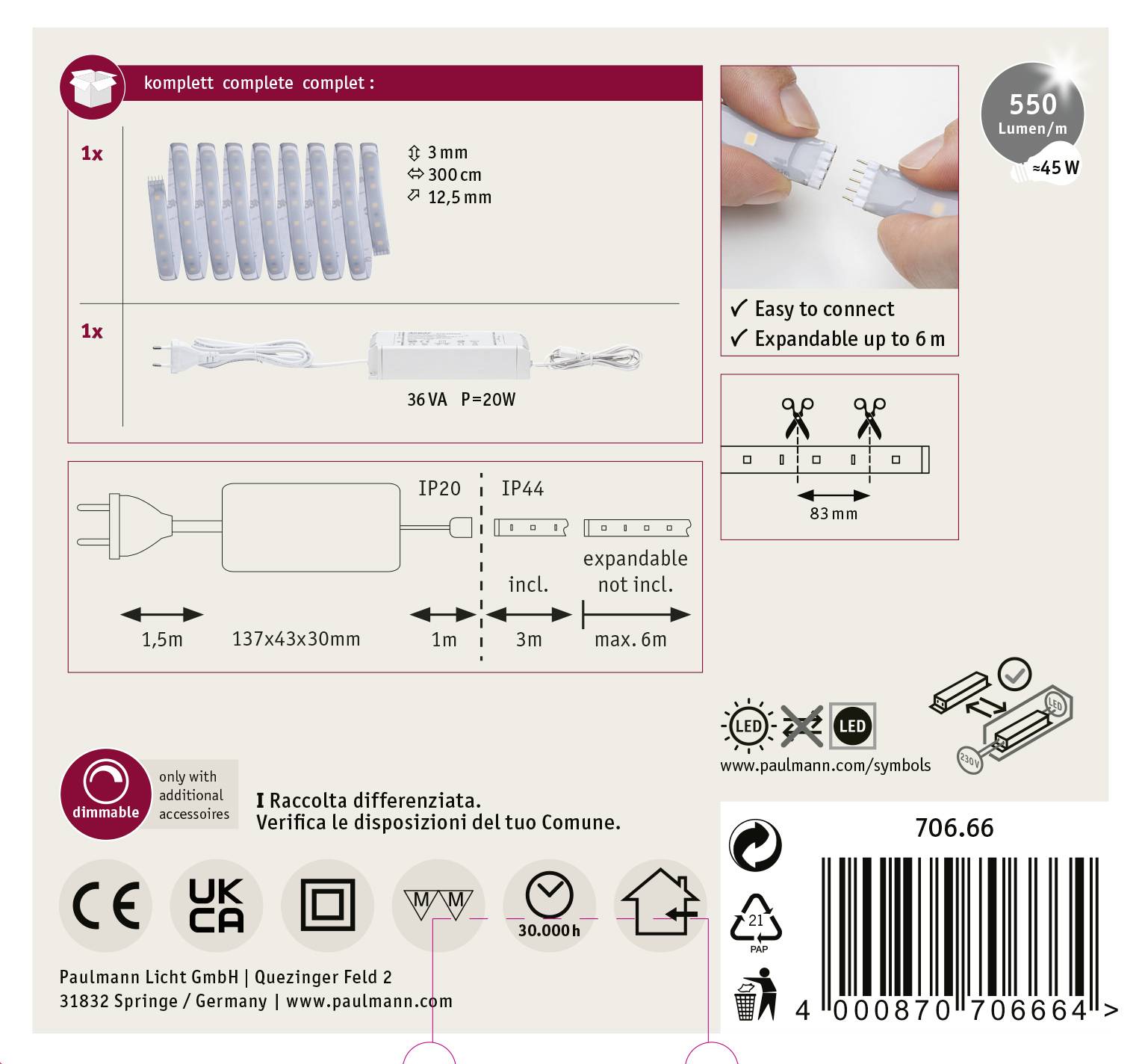 Zestaw lamp składający się z 1 lampy i akcesoriów. Proste połączenie, możliwość rozbudowy do 10 zestawów. Moc: 3W, 550 lumenów, 36VA, ściemnialna.