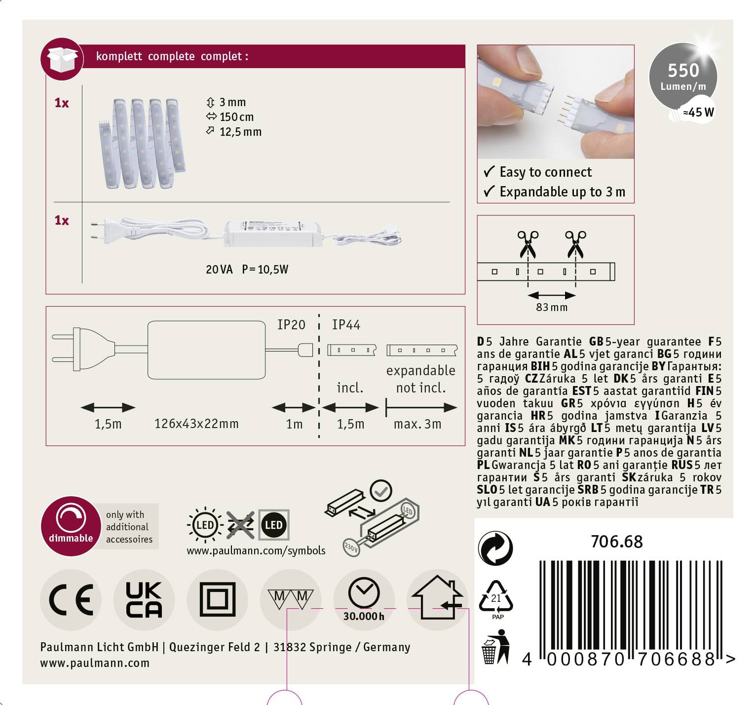 Zestaw LED w komplecie z 5 listwami świetlnymi, przewodami i transformatorem. Ściemniany, maks. 45W, IP20/IP44. Możliwość rozbudowy do 3m. Prosta instalacja. W zestawie: 5 lat gwarancji.