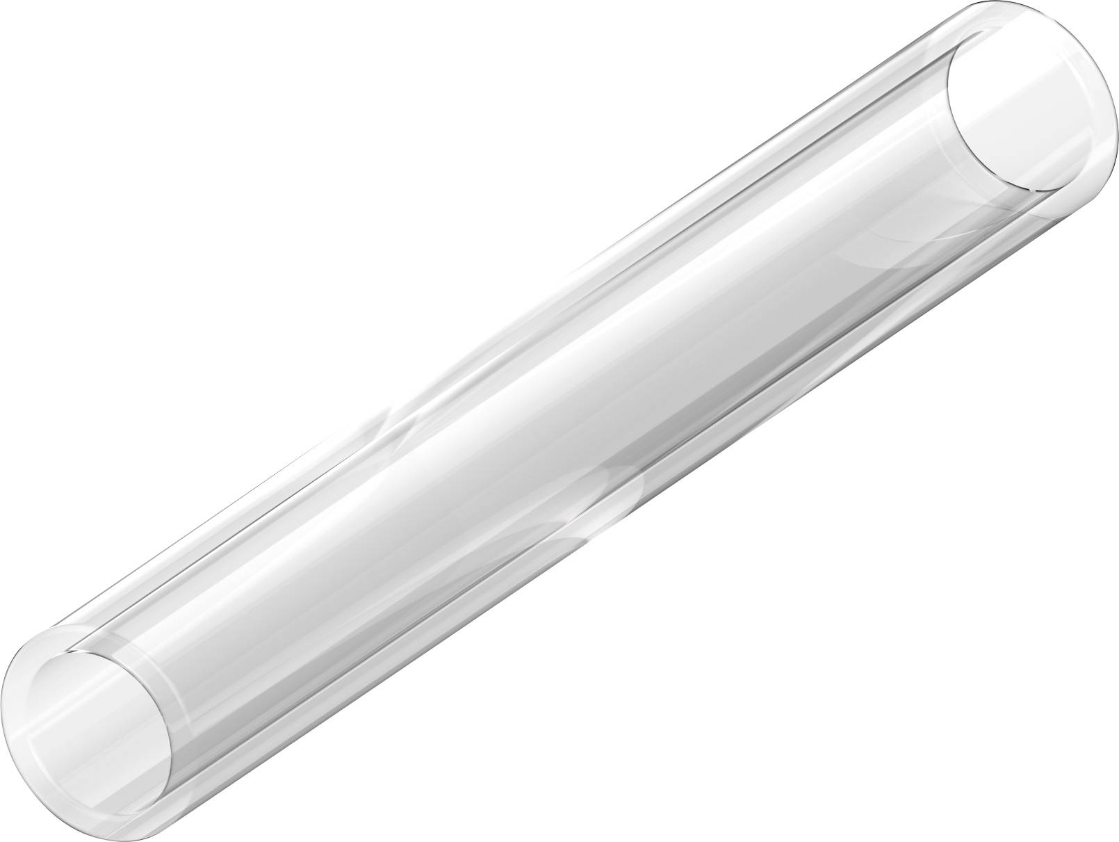 Przezroczysty cylinder szklany, ułożony w pozycji poziomej, prezentuje przezroczystość i właściwości fizyczne szkła.